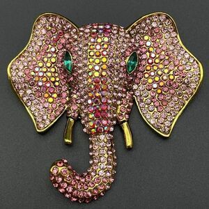 Yellow Gold with Pink Sapphire and AB Crystal Tusked Elephant Pin Back Brooch